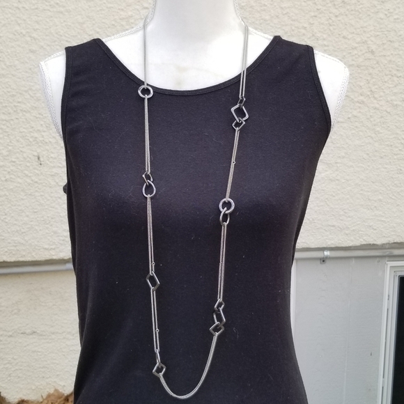 lia sophia silver tone long chain necklace with square and circle gunmetal - Picture 1 of 3